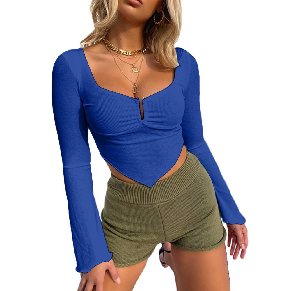 Avanova Women Ruched Long Sleeve Going Out Crop Top Square Neck Asymmetrical Ribbed Knit Shirt Royal Blue Large