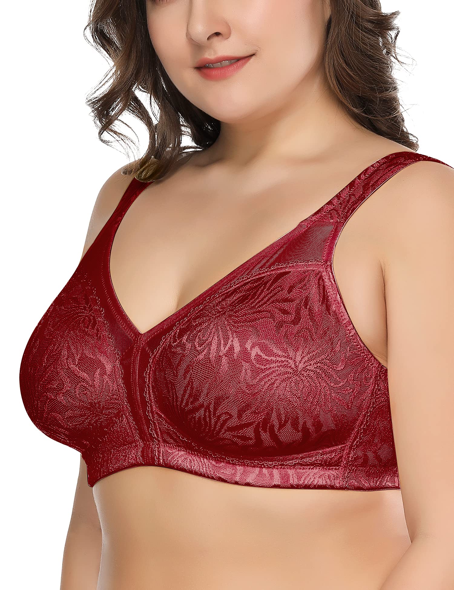 Deyllo Womens Full coverage Plus Size comfort Minimizer Bra Wirefree Non  Padded(Red,48c)