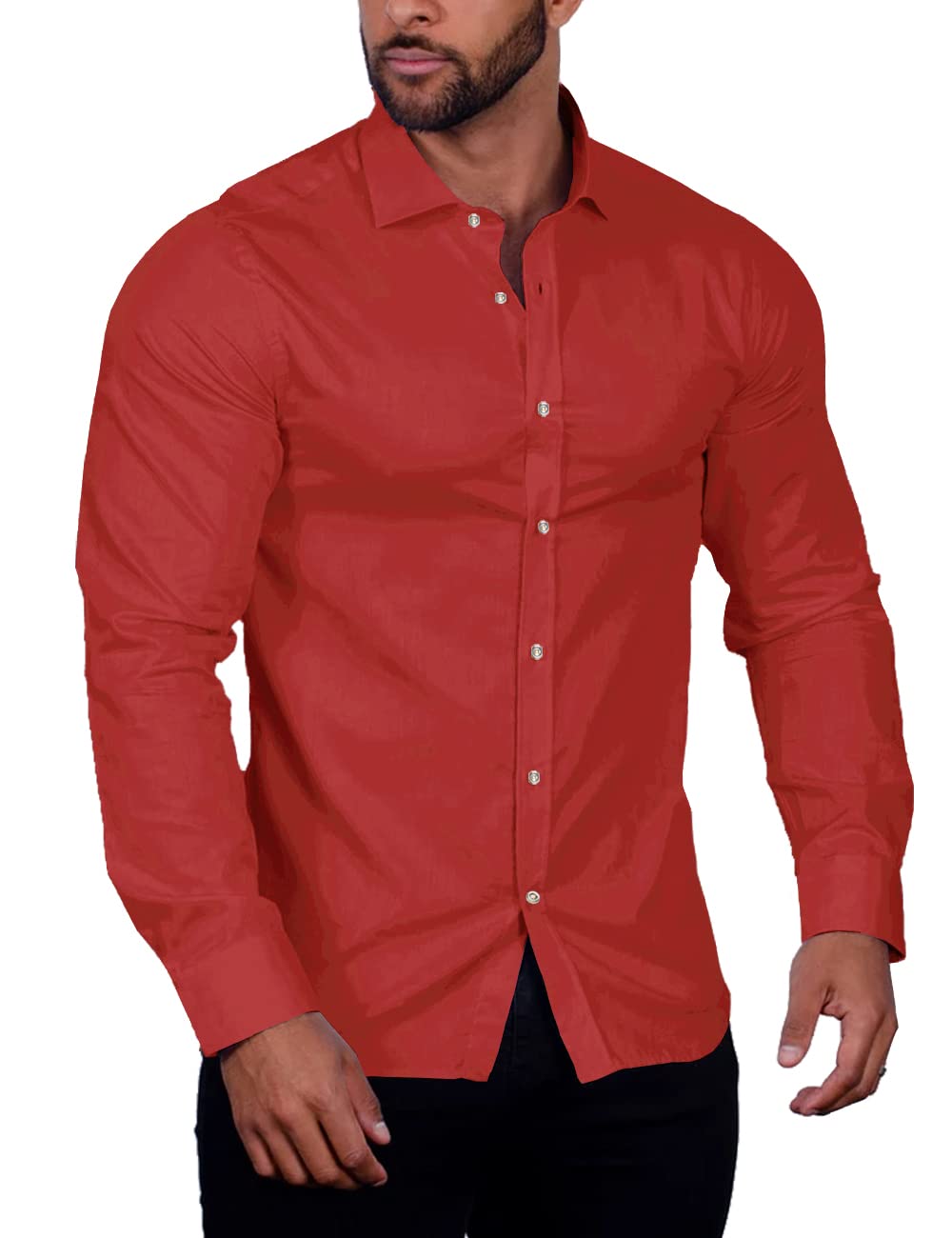 cOOFANDY Men Dress Shirt Stretch No Tuck Shirts for Men Long Sleeve Red