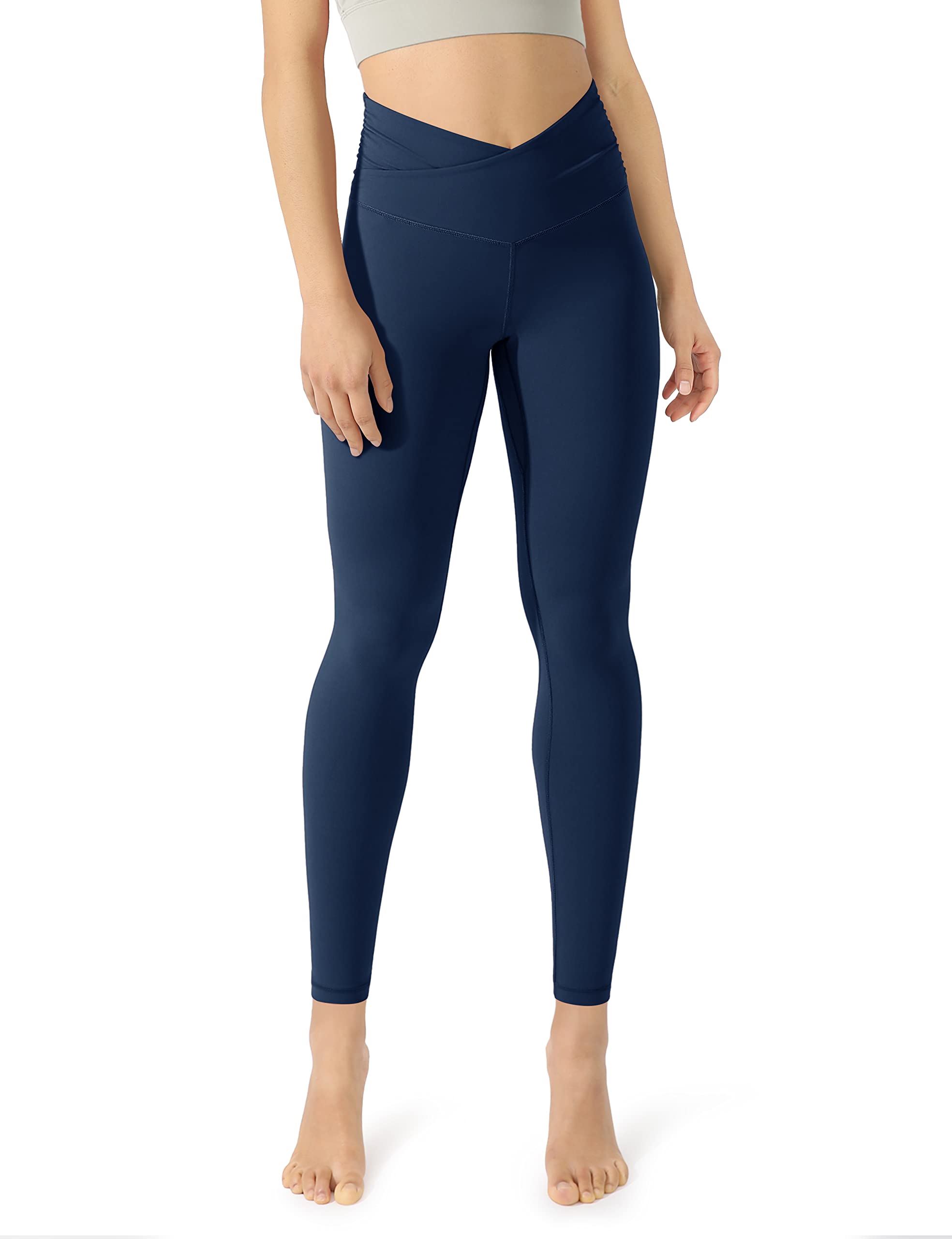 ODODOS Womens cross Waist 78 Yoga Leggings with Hidden Pocket, compression  Workout Running Yoga Pants -Inseam 25, Navy, Large