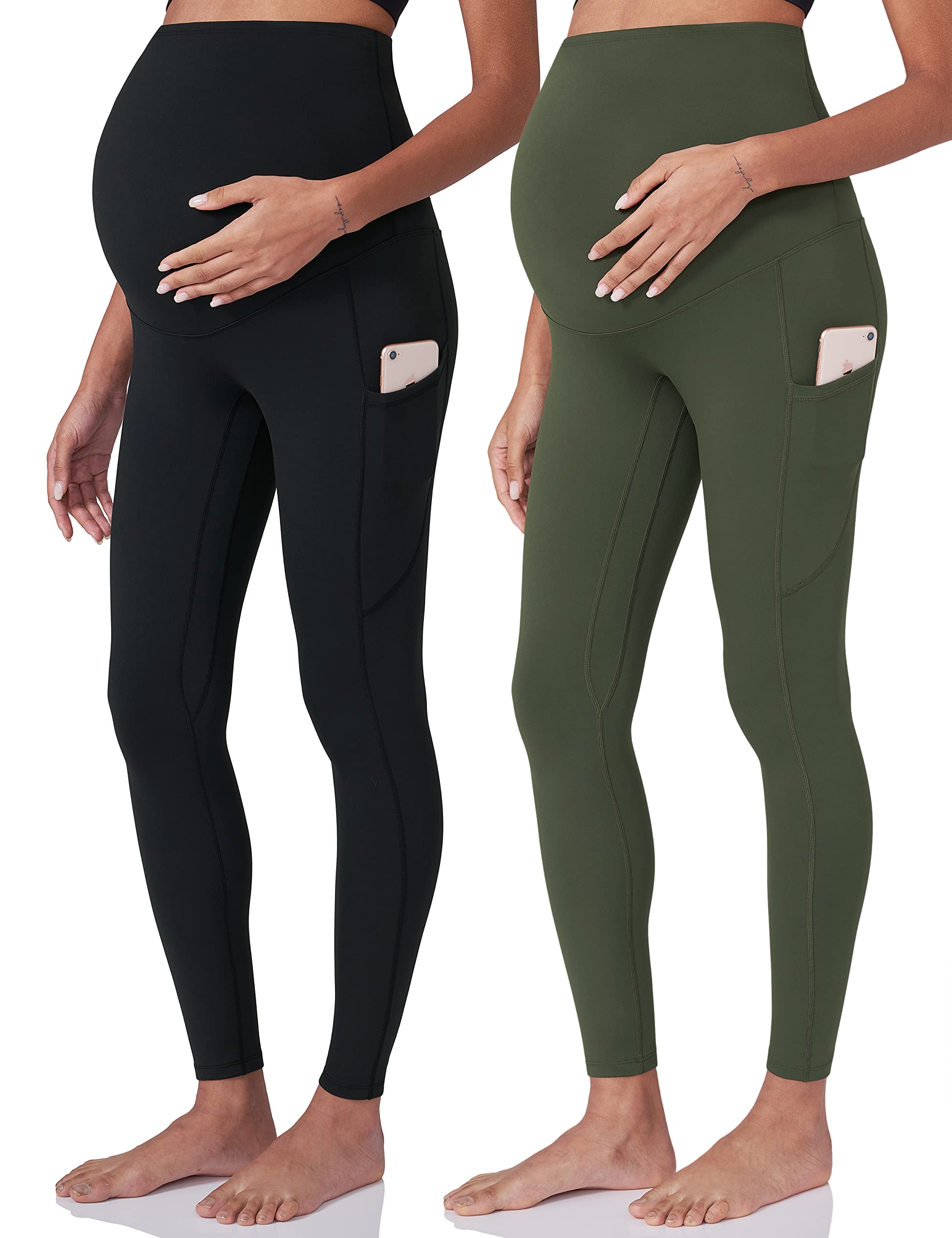POSHDIVAH 2Pcs Womens Maternity Workout Leggings Over The Belly Pregnancy Yoga Pants with Pockets Soft Active Wear Work Pants Bl