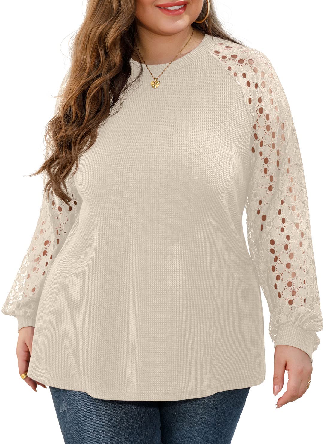 OLRIK Plus Size Tops for Women Lace Sleeve Blouse Waffle Knit