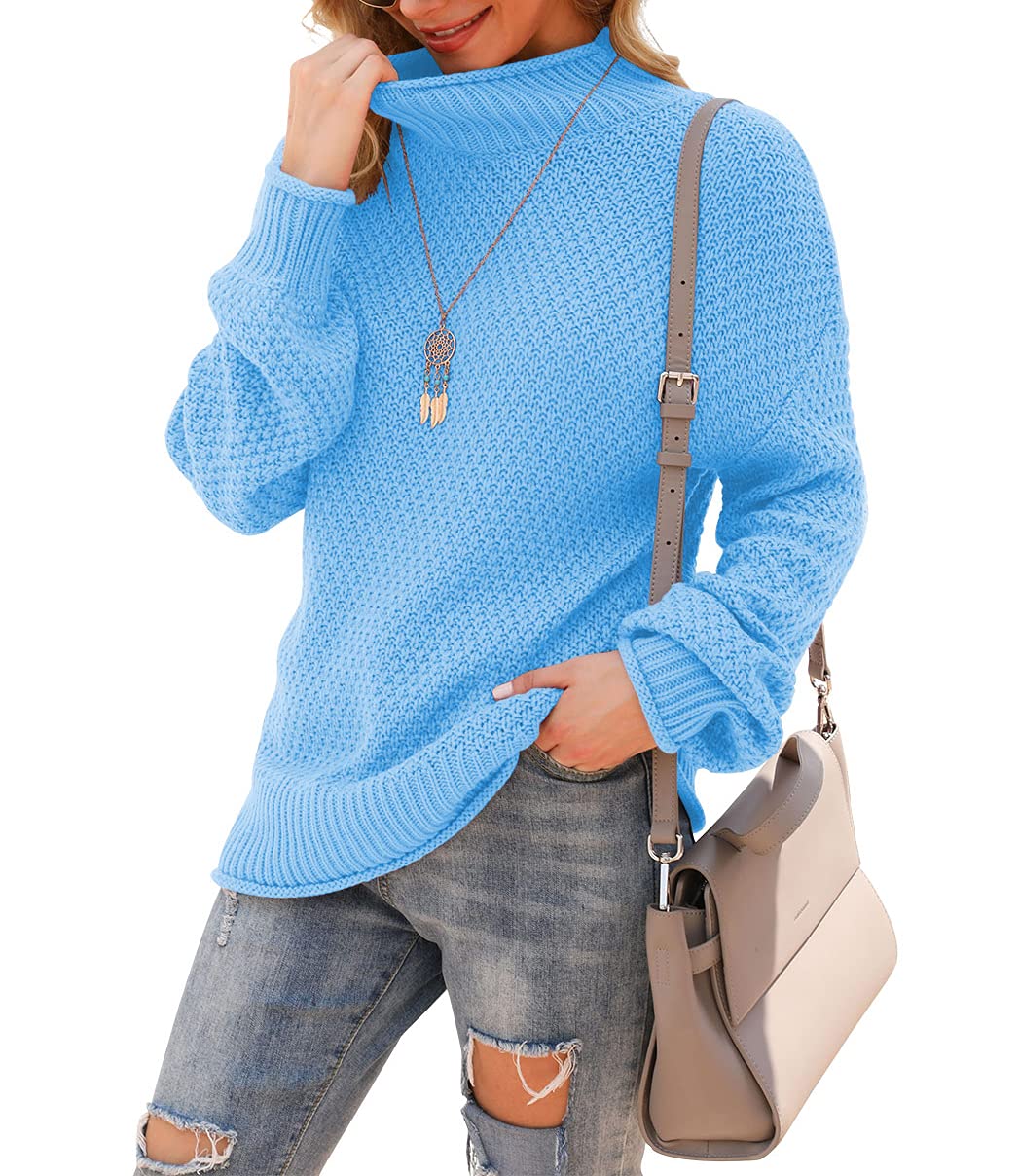 Jouica Womens Winter Long Batwing Sleeve Sweaters Turtle Neck casual comfy Pullover Jumpers Tops,Lake Blue,Small