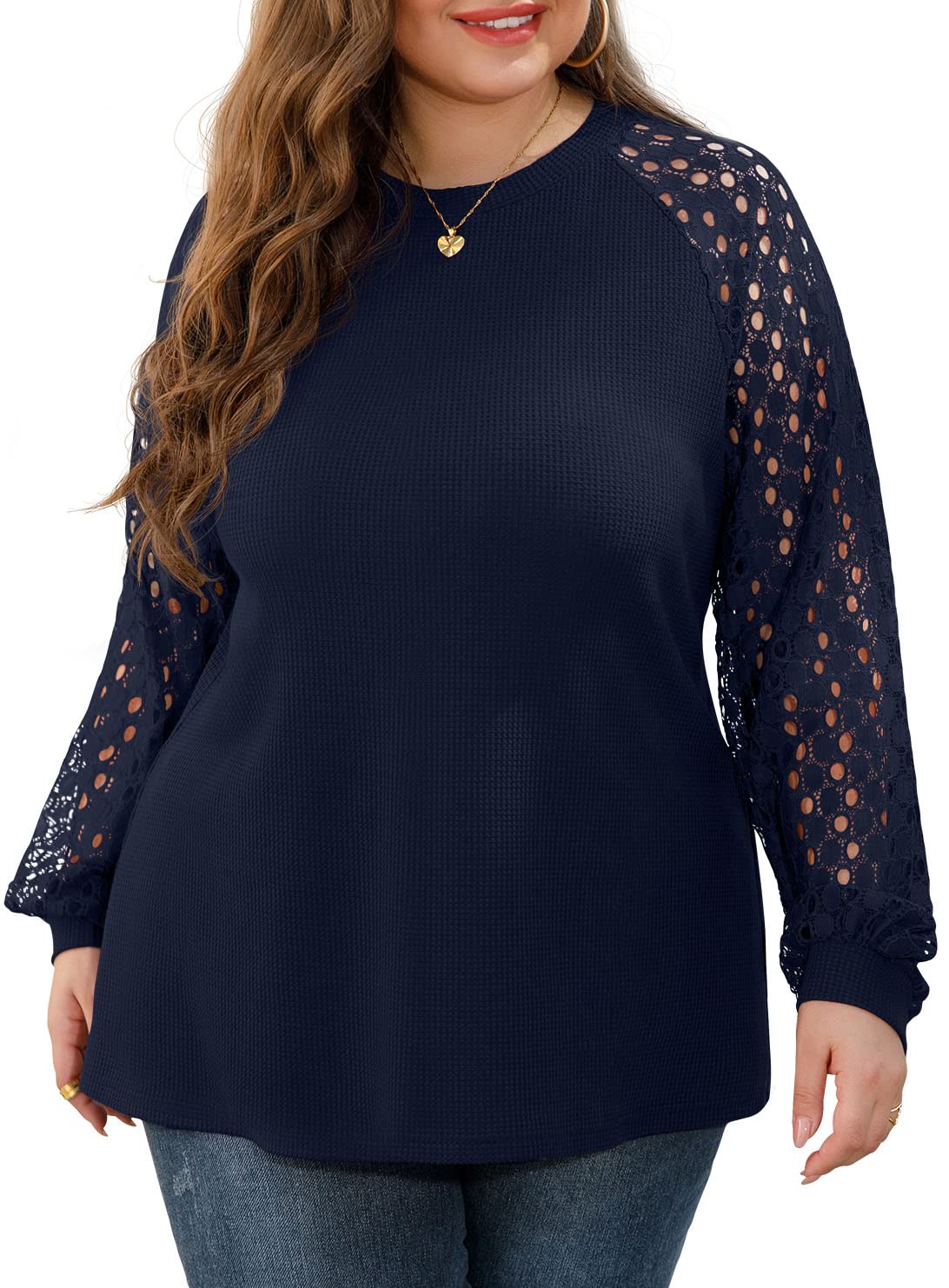 OLRIK Plus Size Tops for Women Lace Sleeve Blouse Waffle Knit Long Sleeve  Shirts Navy Blue-1X