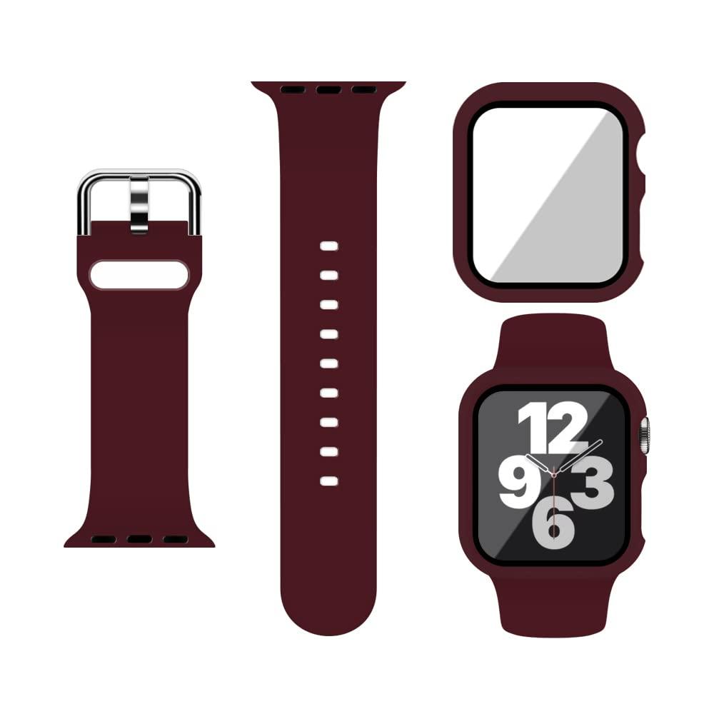 XFEN Sport Silicone M/L Size Band and Case with Screen Protector for Apple Watch Series 7 Series 8 Series 9 41mm - Wine Red