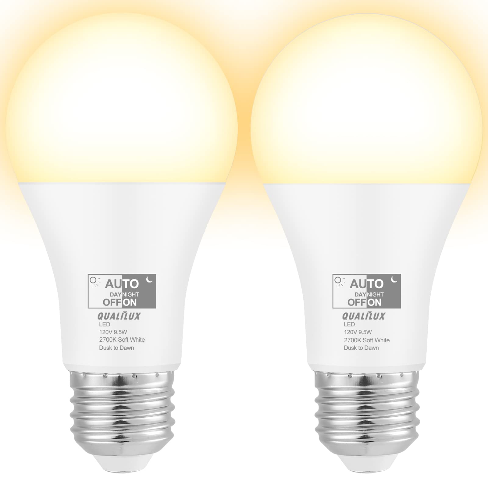 Qualilux Dusk to Dawn Light Bulbs 60W Equivalent, A19, 850LM, Soft White 2700K, 360degree Light Sensing LED Bulb Outdoor, Auto O