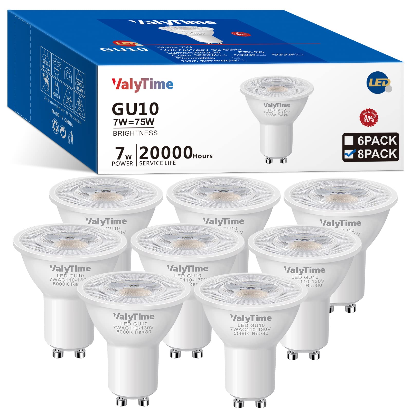 Valytime gU10 LED Light Bulbs 7W (50W -60W-75W Equivalent) gU10 Shape Halogen Replacement Bulb 38A 120V 650Lm Non-dimmable for T