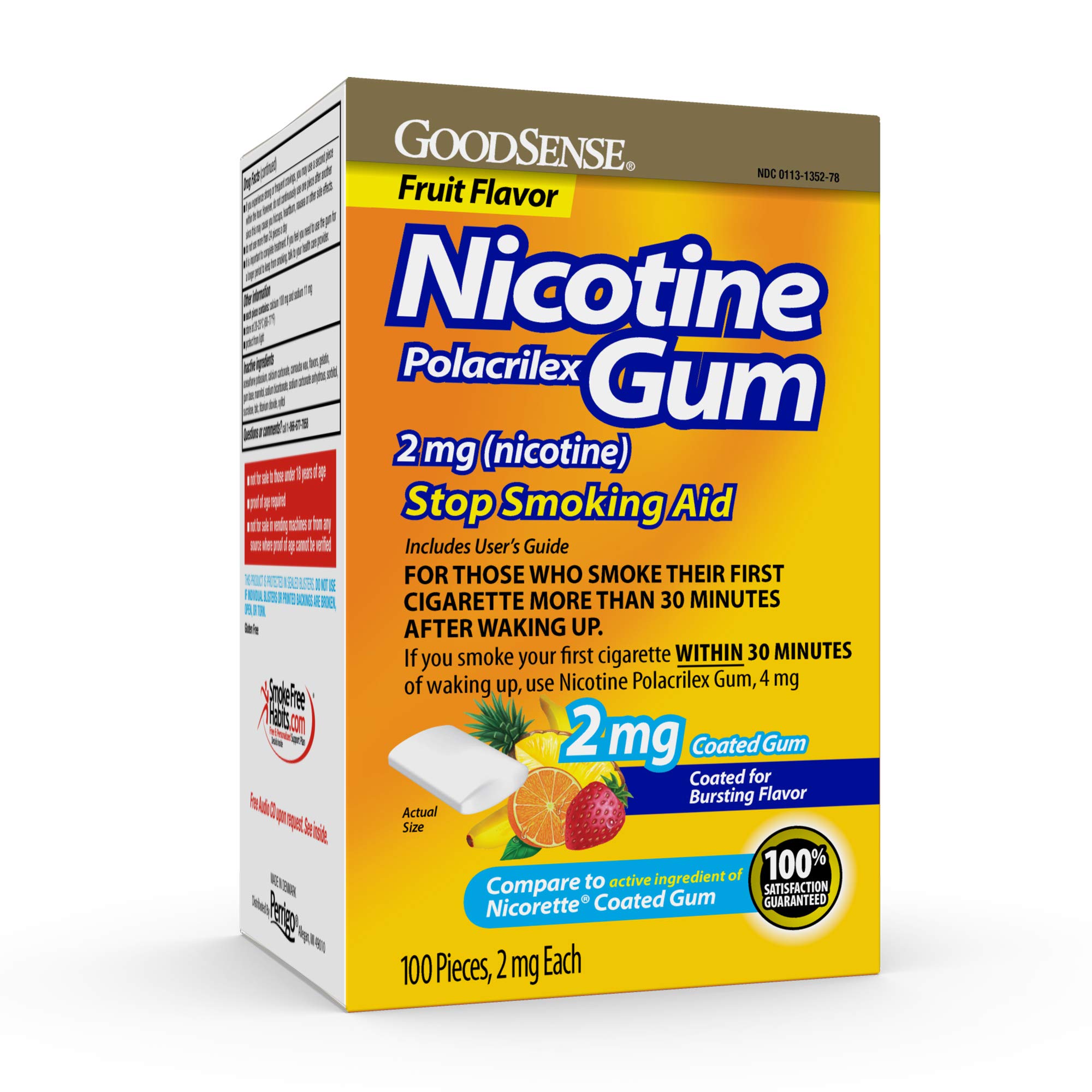 GoodSense Nicotine Polacrilex Coated Gum 2 mg (nicotine), Fruit Flavor, Stop Smoking Aid; quit smoking with nicotine gum, 100 Co