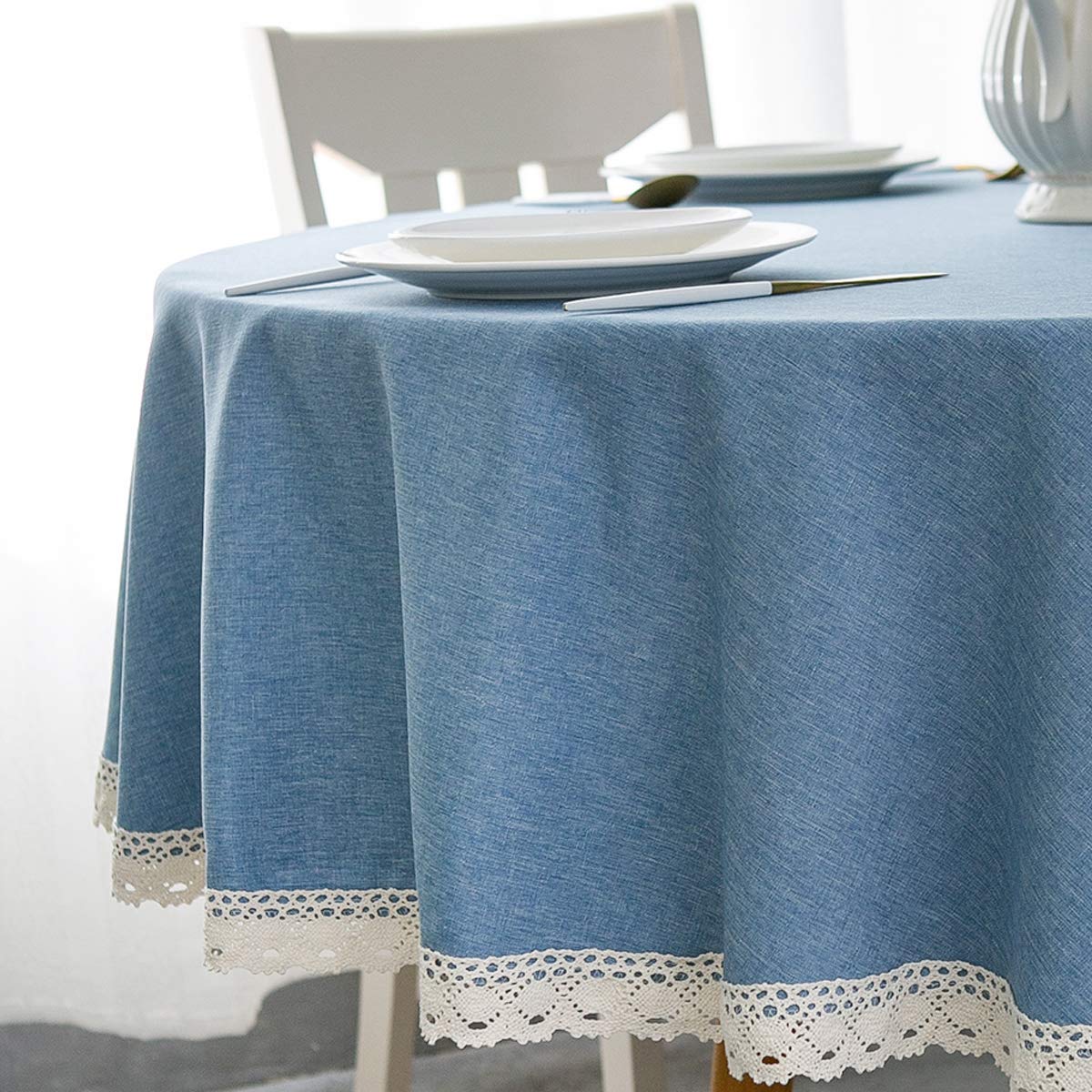 EHouseHome Faux Linen Tablecloth with Lace Trim - WaterproofSpill ProofStain ResistantWrinkle FreeOil Proof - for Banquet, Parti