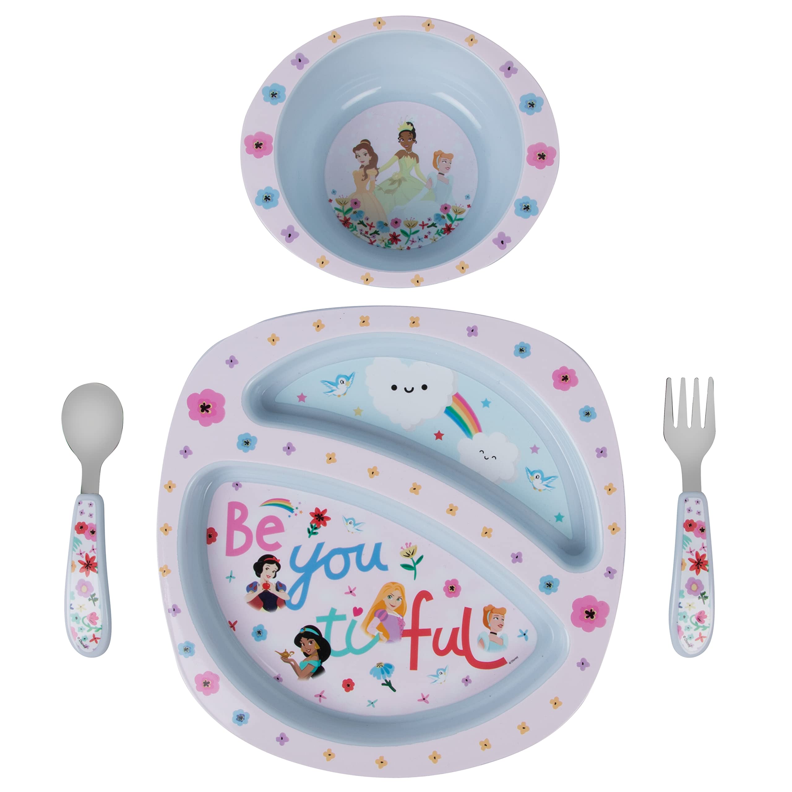 The First Years Disney Princess 4-Piece Toddler Dinnerware Set - Dishwasher Safe Bowl, Plate, Fork & Spoon - 4 Count