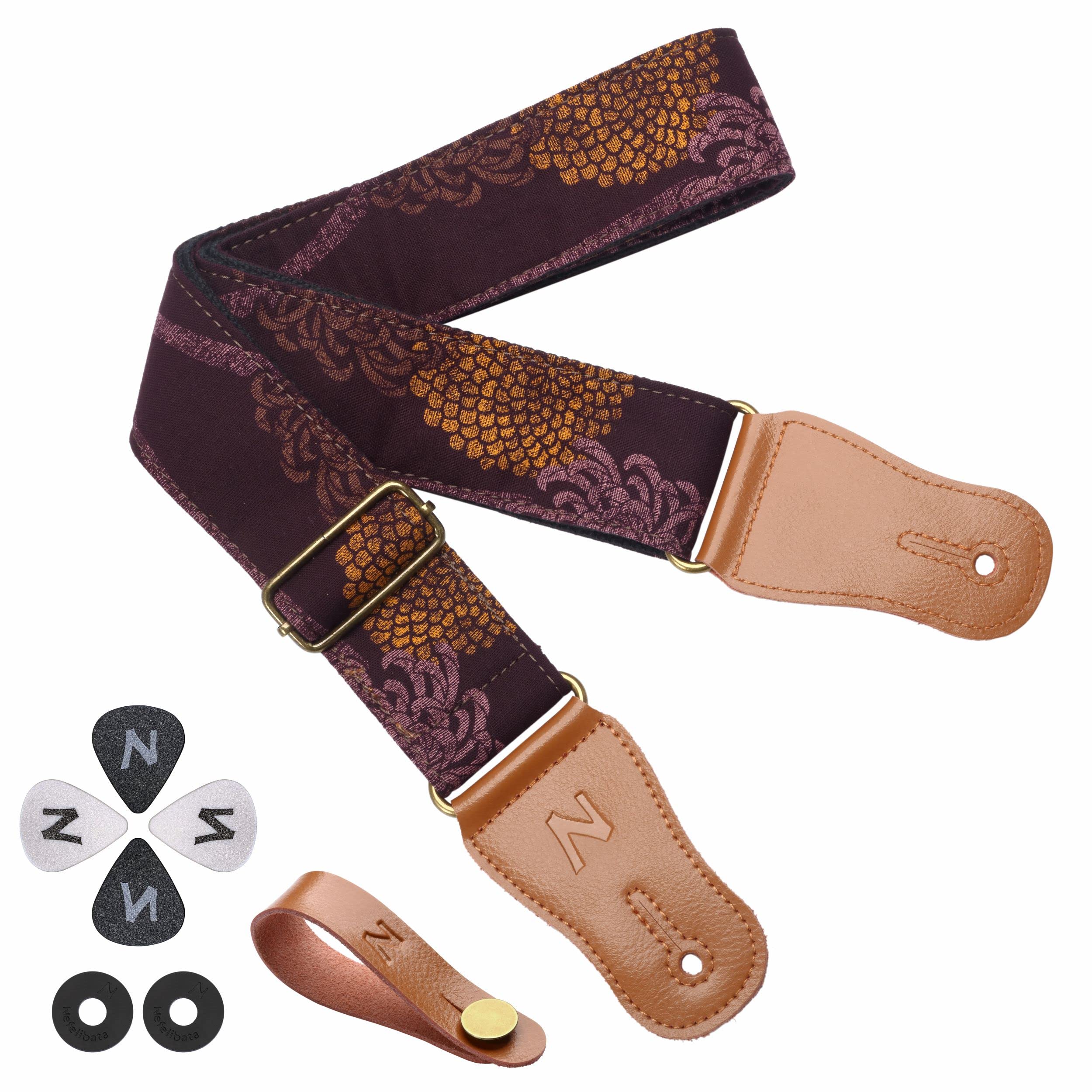 Nefelibata guitar Strap,Hot-Bronzing cotton Acoustic guitars Straps with genuine Leather Ends for Electric guitar,Bass & Ukulele