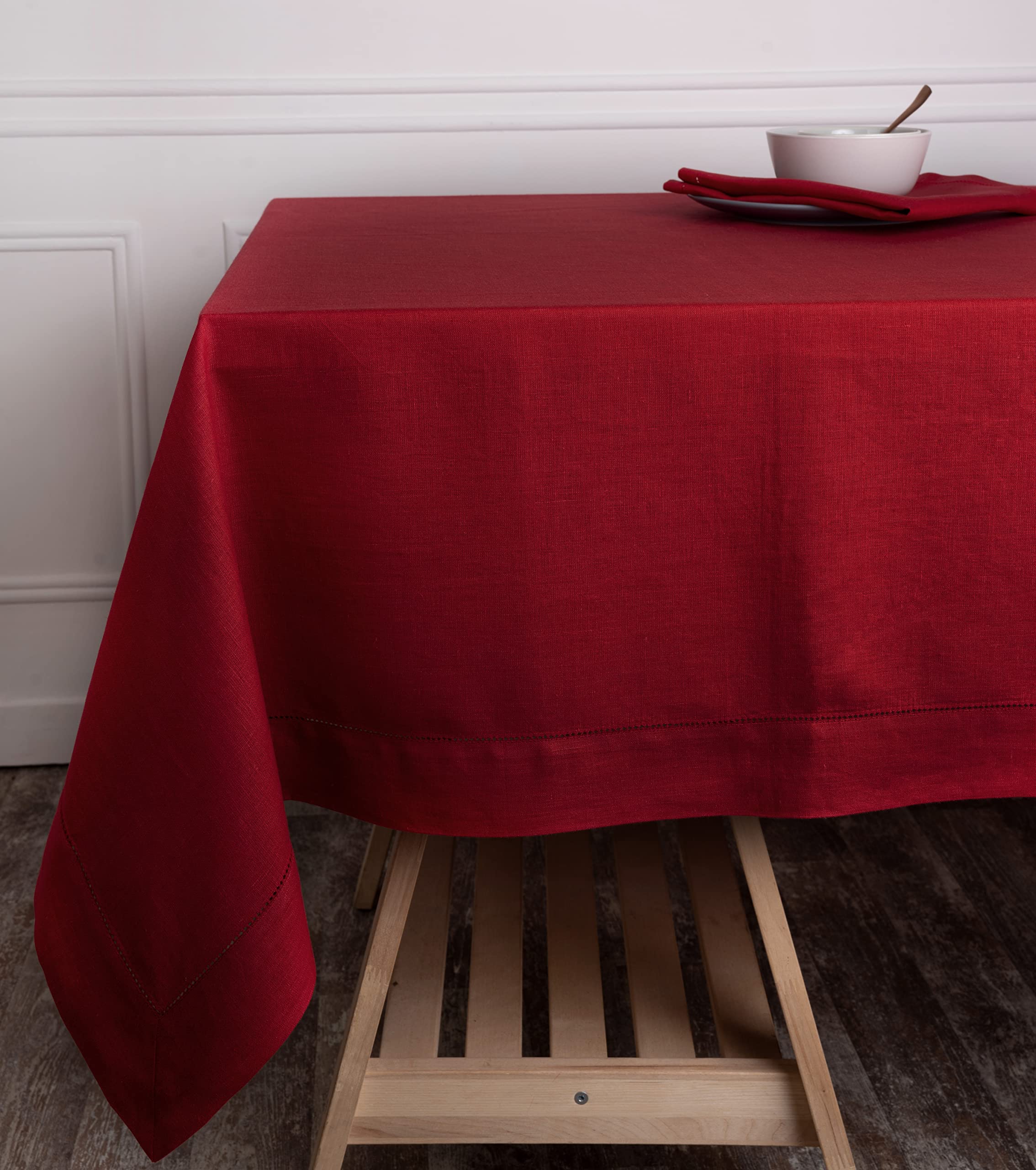 D\'Moksha Homes DMoksha Modern Tablecloth Red 60 x 90 Inch for Rectangle Tables- Pure Linen Hemstitch Elegant Tablecloth 90 inches Long for Spri