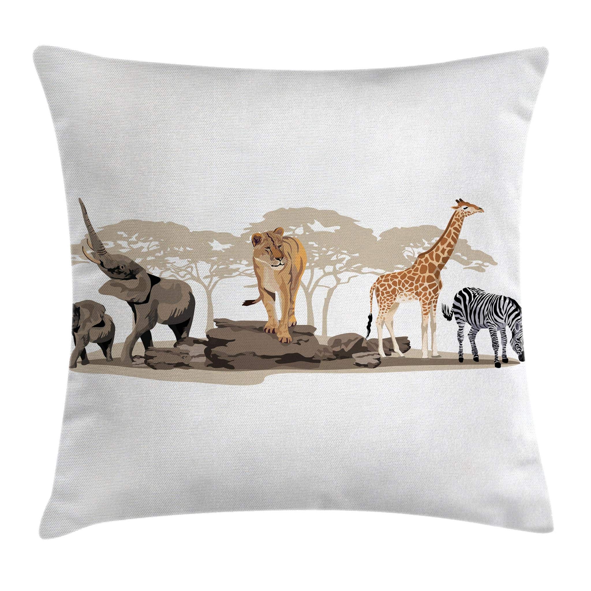 Ambesonne Savannah Throw Pillow Cushion Cover, Cartoon Illustration Of Wild Savannahs Animals Exotic Giraffe Lion Zebra Print, D