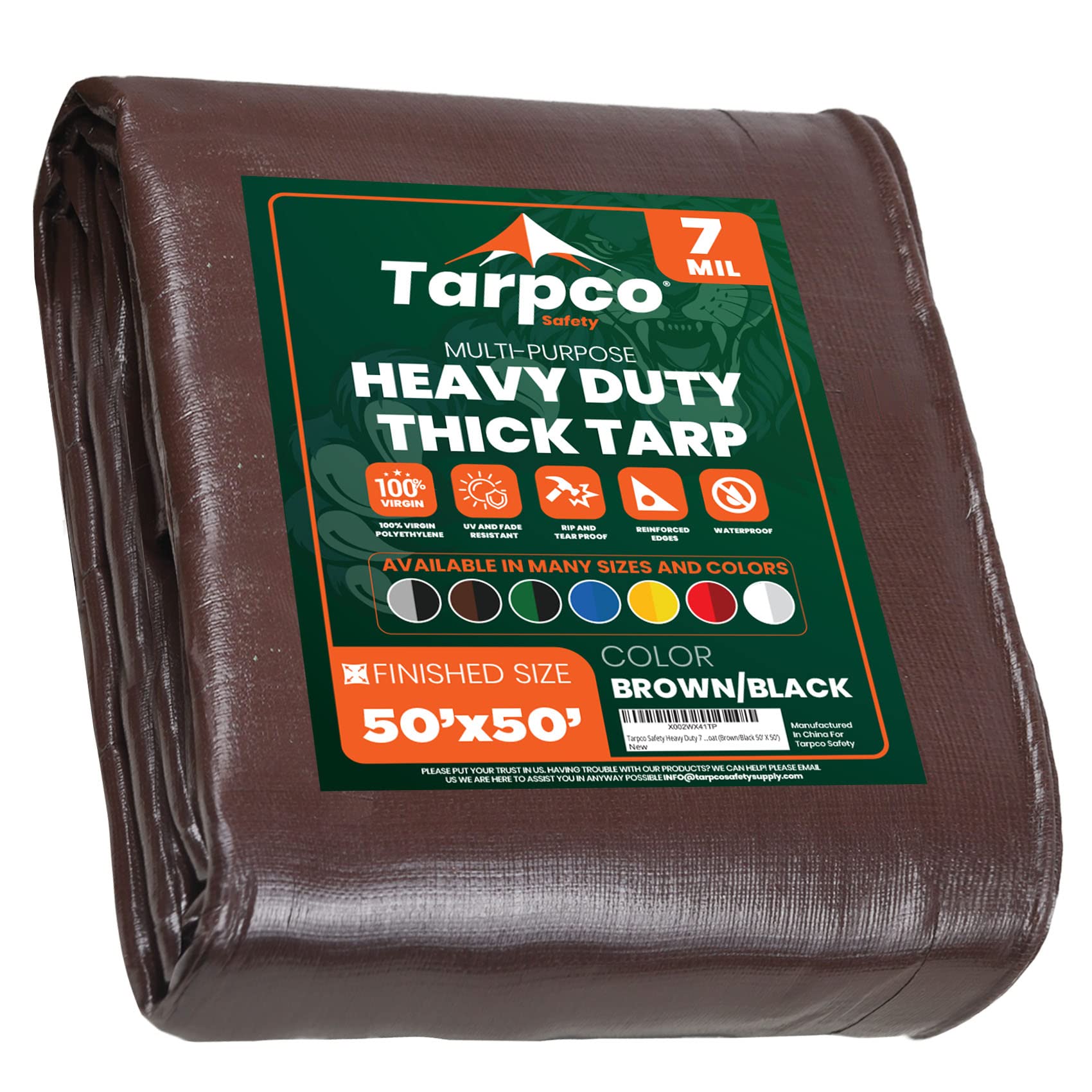 Tarpco Safety Heavy Duty 7 Mil Tarp cover, Waterproof, UV Resistant, Rip and Tear Proof, Poly Tarpaulin with Reinforced Edges fo