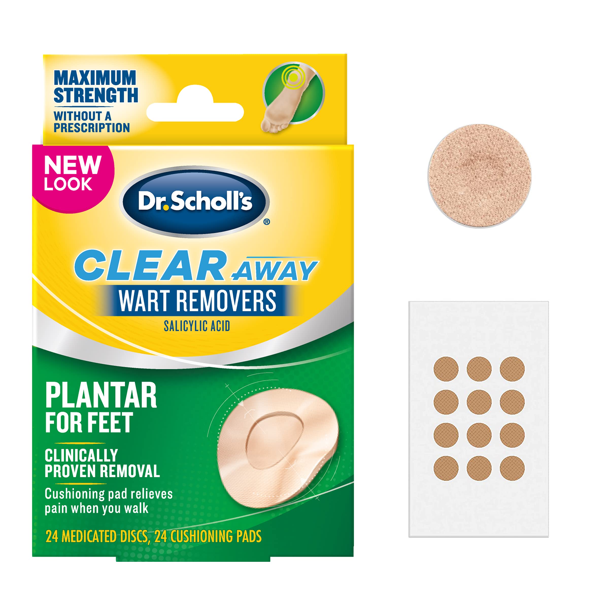 Dr. Scholl\'s Dr SchollAs clear Away Plantar Wart Remover for Feet, 24 Medicated Discs & 24 cushioning Pads Maximum Strength Without A Prescri