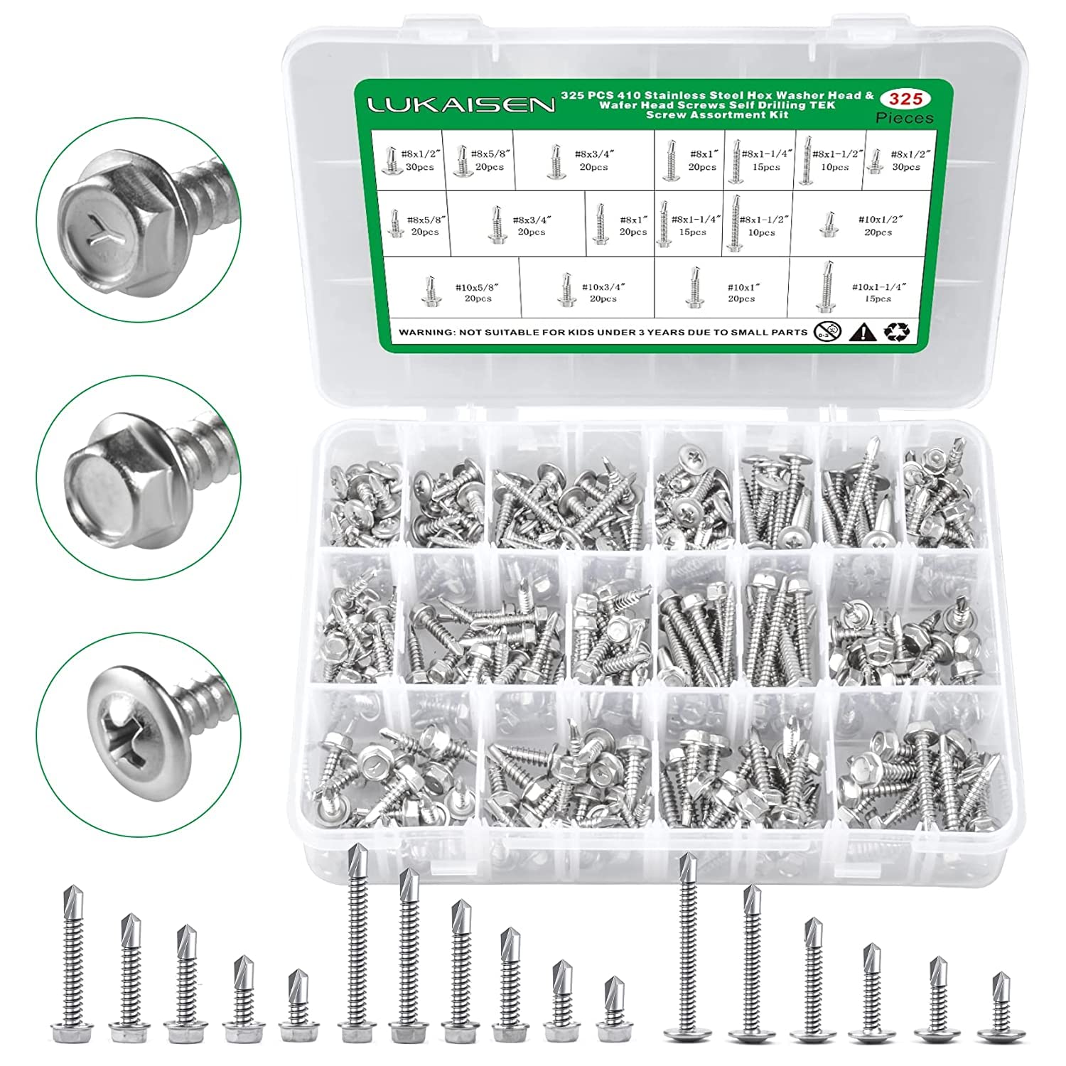 LuKaiSen Self Tapping Screws, 325 Pcs -410 Stainless Steel #8#10 Hex Washer Head & Wafer Head 17 Sizes Self Drilling Screw Assort