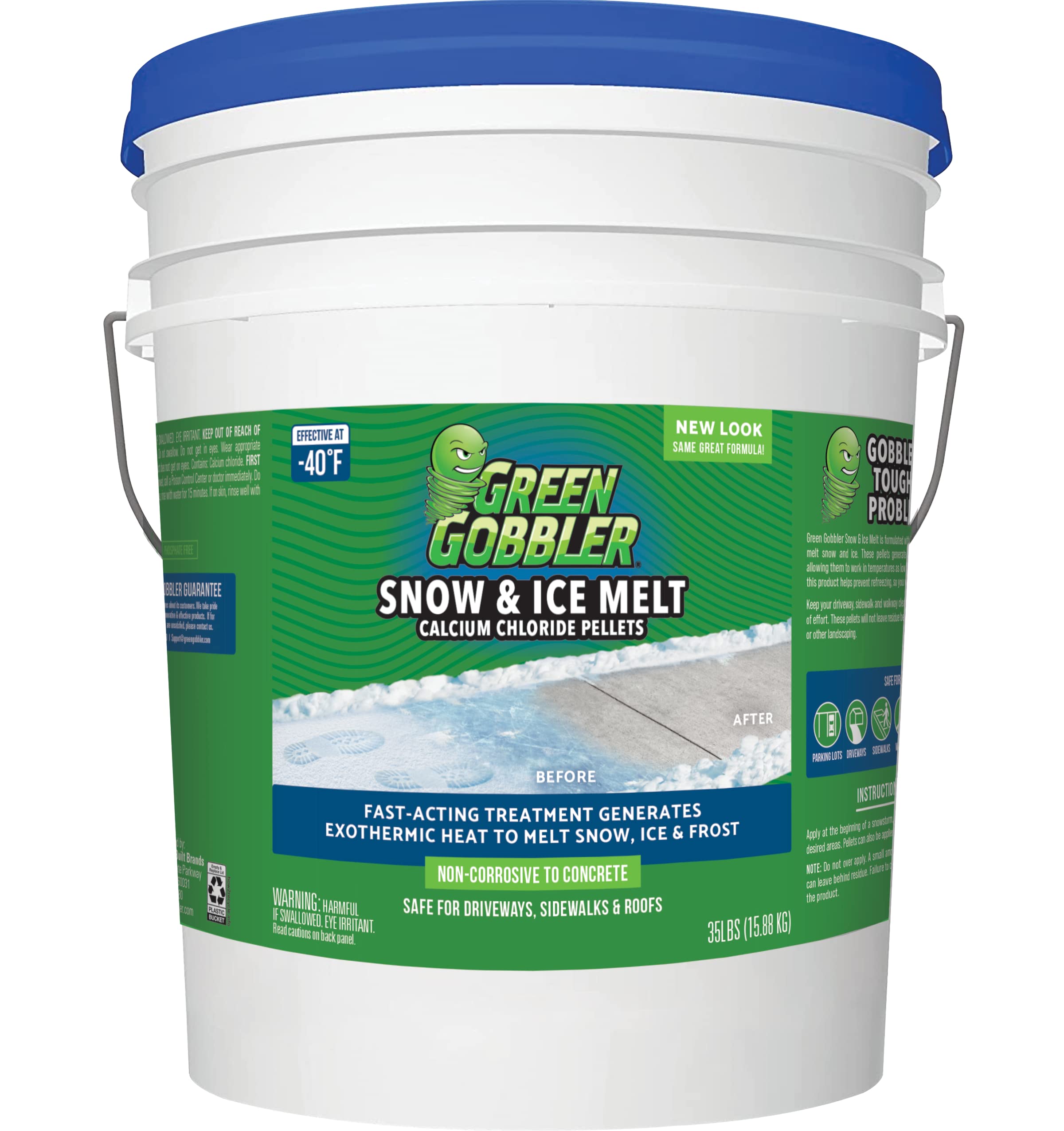 green gobbler 93% Pure calcium chloride Snow & Ice Melt Pellets  Effective at -40A  35 lb Pail  concrete Safe Ice Melt