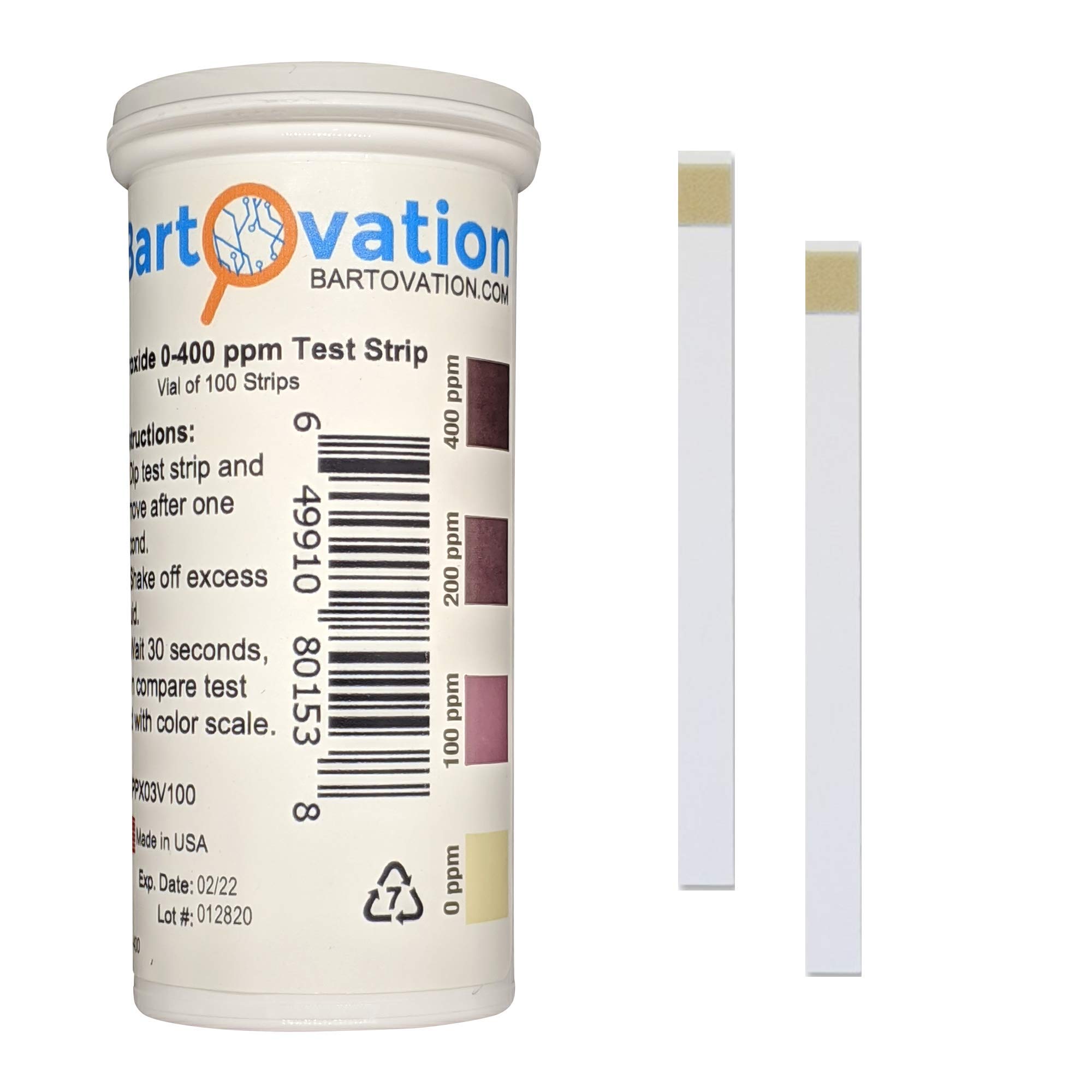 Bartovation Hydrogen Peroxide H2O2 Test Strips, 0-400 Ppm Vial Of 100 Strips]