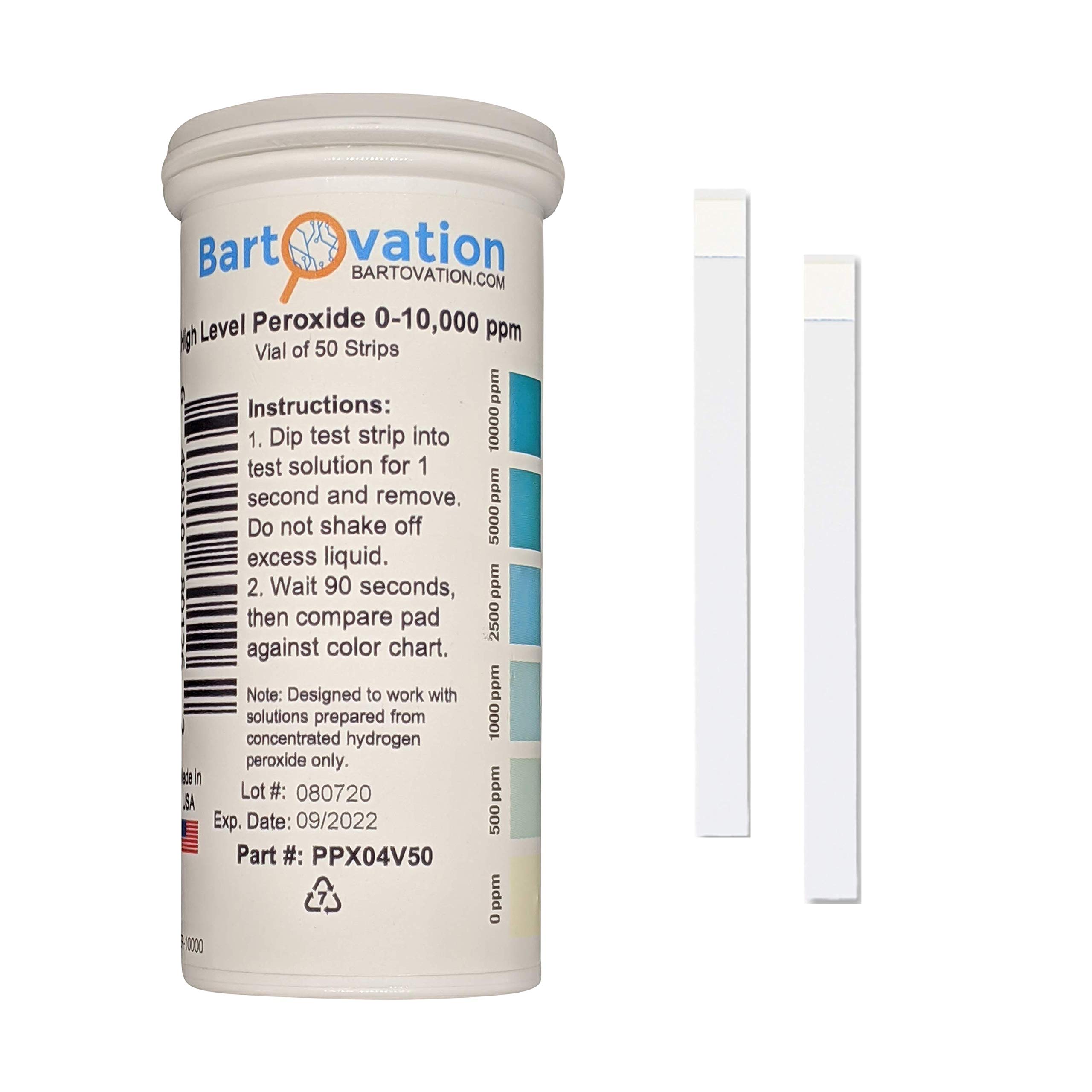 Bartovation Very High Level Hydrogen Peroxide H2O2 Test Strips, 0-10,000 Ppm Vial Of 50 Strips]