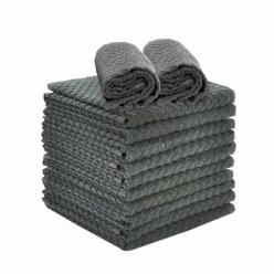 TALVANIA Grey Kitchen Dish Towels, 12 Pack Absorbent Dish Cloth, 15" x 25" Inches, 100% Cotton Dobby Weave Terry Towel Set Hand 