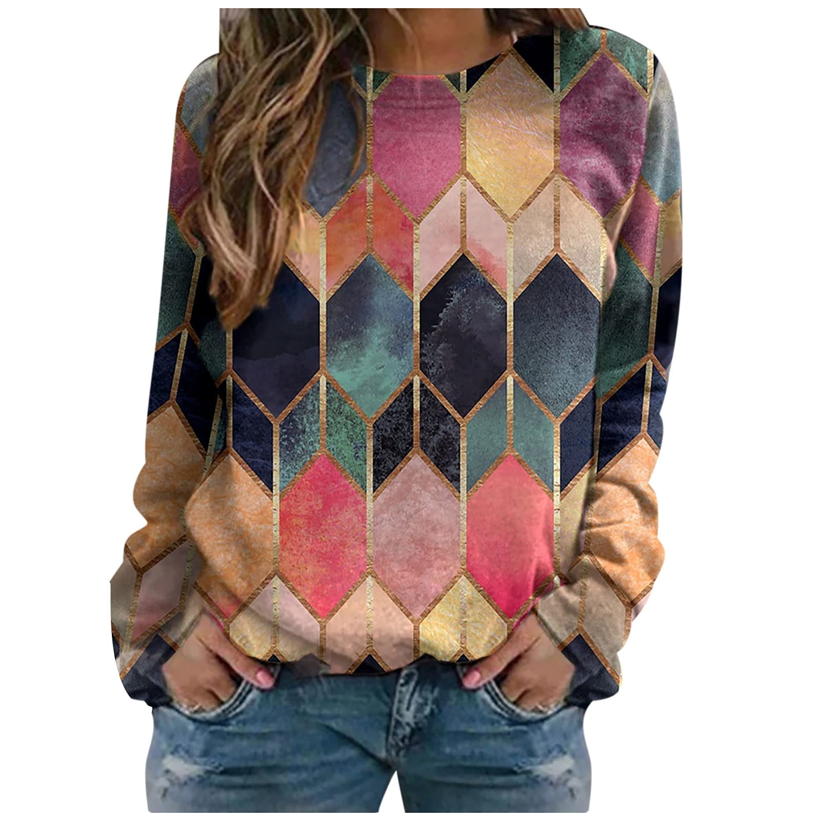 Lastesso Womens Sweatshirt graphic color Block crewneck Sweatshirts Animal Print Tops for Women gradient Long Sleeve Shirts