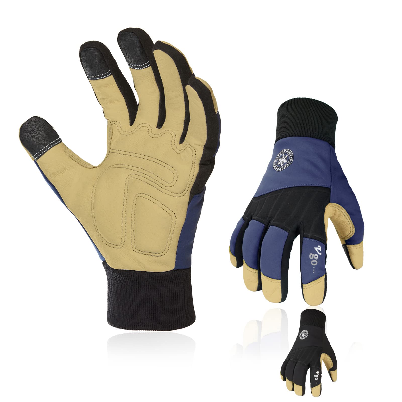 Vgo... Vgo 2-Pairs 32 or above Lined Winter Premium Pigskin Leather Waterproof Work gloves (Size M, Black&Dark Blue, PA1015FW)