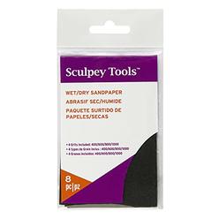 Polyform Sculpey Tools 8 piece Wet/Dry Sandpaper pack, 2 pieces each 400/600/800/1000 grit, perfect for polymer clay projects. Can be use