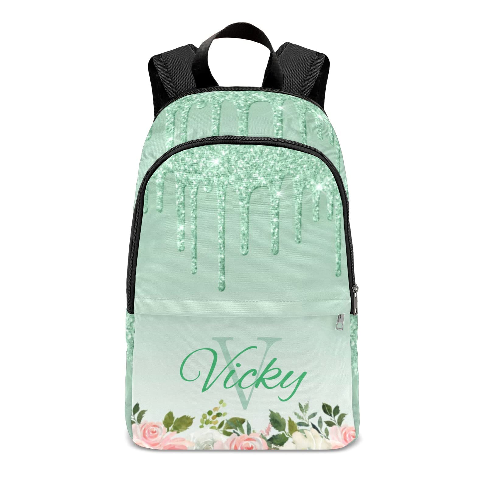 SunFancy Pink Floral Mint green glitter Drips Personalized casual Backpack Unisex Travel Daypack for Teen Adult Boys gir