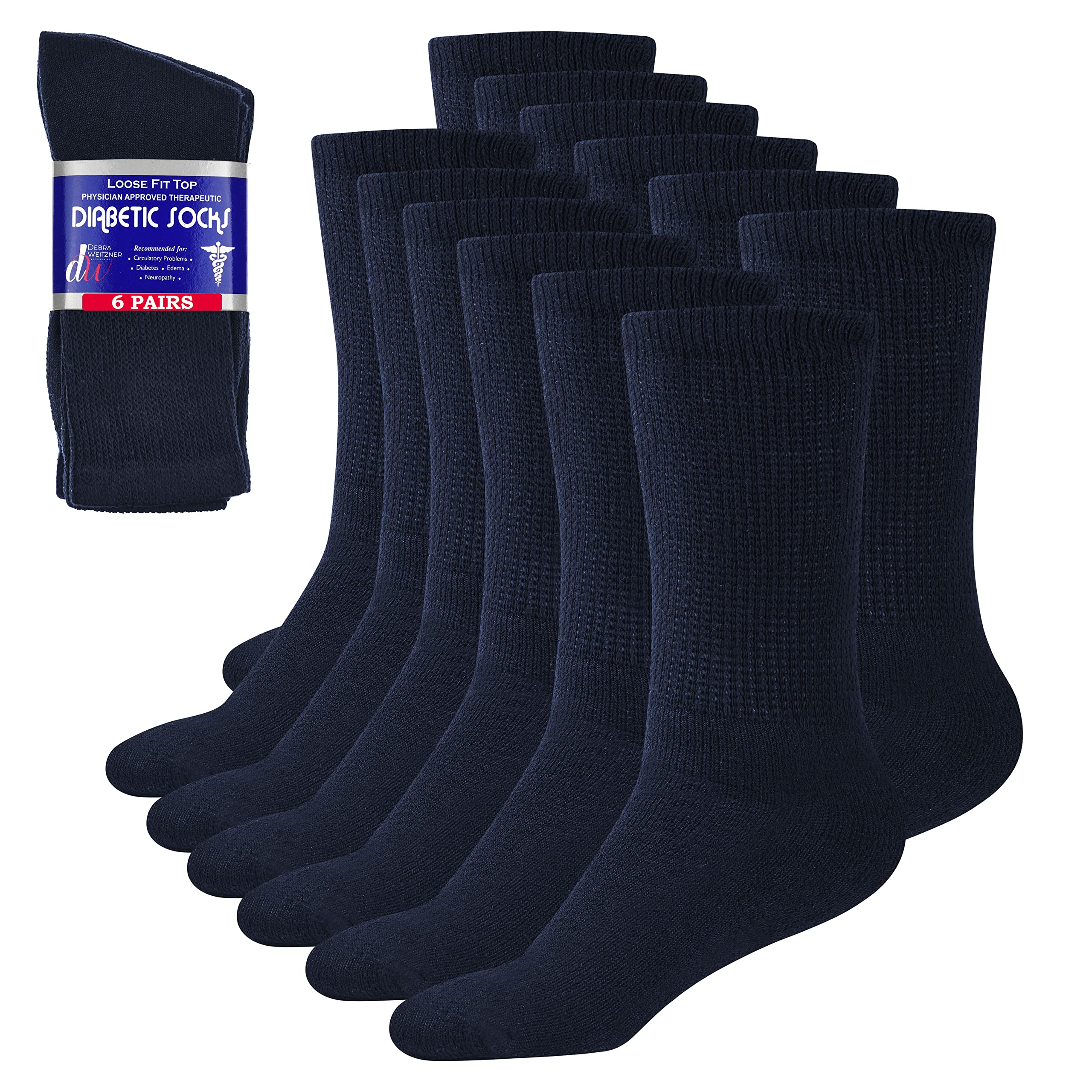 Debra Weitzner Diabetic Socks For Mens Womens Loose Fit Non-Binding cotton crew Socks 6 Pairs Navy 10-13