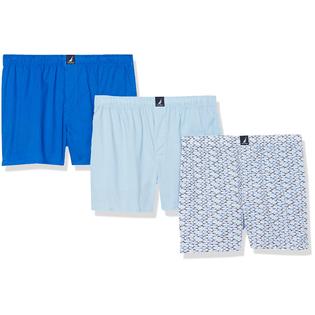 Nautica Men's Cotton Woven 3 Pack Boxer, Noon Blue/Spinner Blue/Shark Print  Peacoat, Large