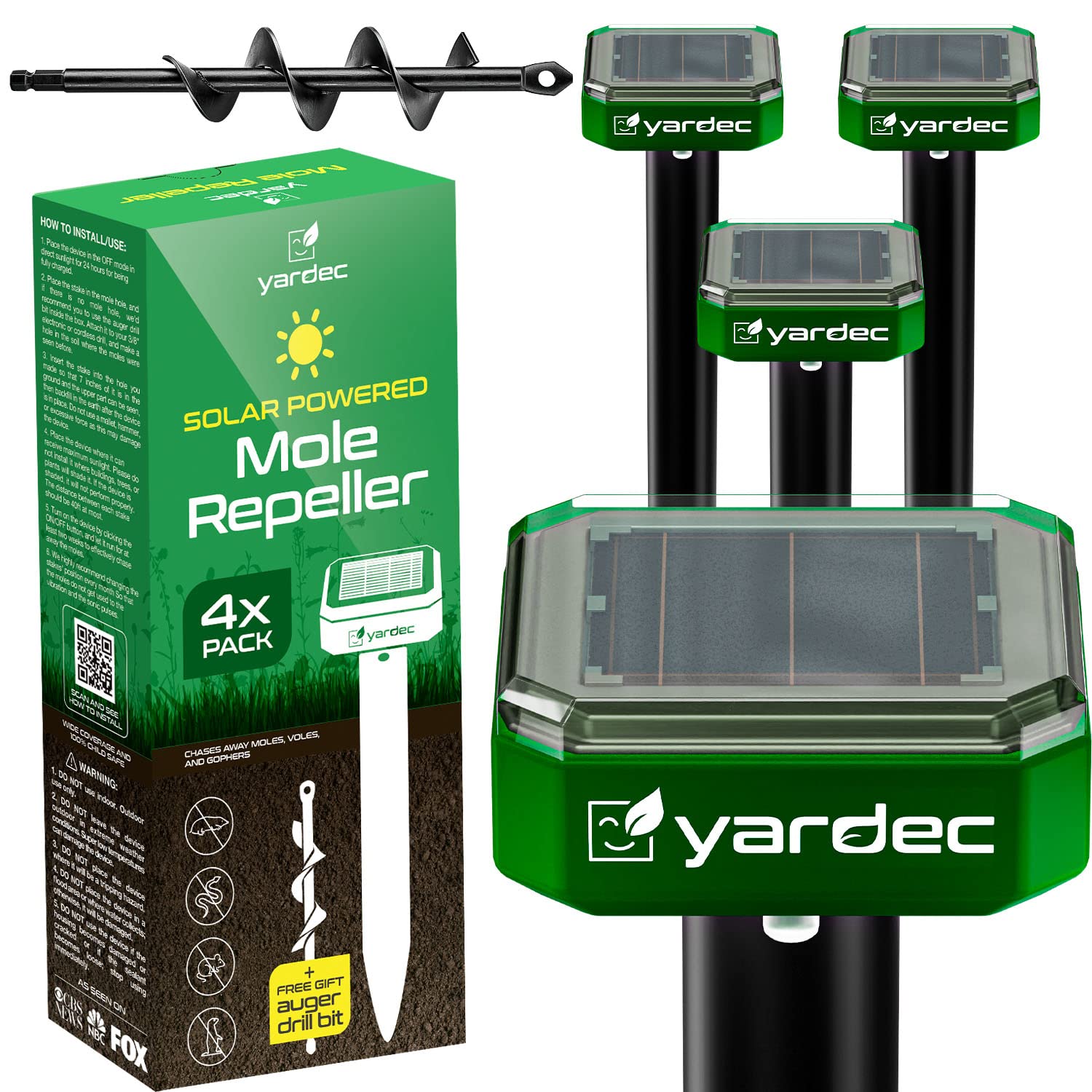 YARDEc gopher Repellent Ultrasonic Solar Powered - Easy to Use Solar Mole Repellent Ultrasonic with an Auger Drill Bit -