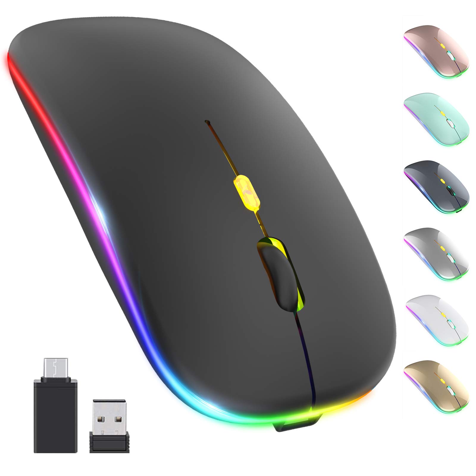 OKIMO Upgrade LED Wireless Mouse, Rechargeable Slim Silent Mouse 24g Portable Mobile Optical Office Mouse with USB & Type-c Re