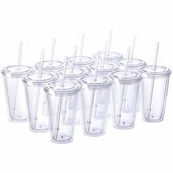 cupture classic 12 insulated double wall tumbler cup with lid, reusable straw & hello name tags - 16 oz, bulk pack (clear)