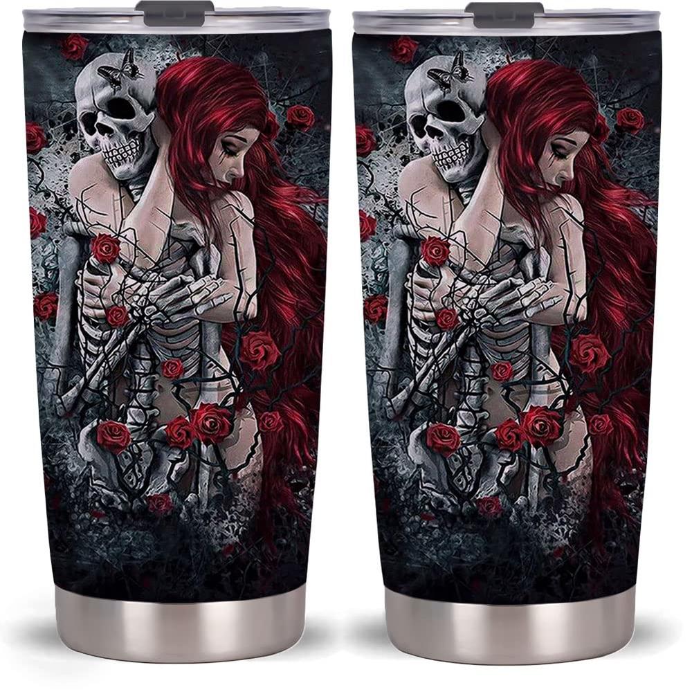Qdkva 20oz Skull Rose Girl Tumbler Cup With Lid, Stainless Steel Double Wall Vacuum Thermos Insulated Travel Coffee Mug(Skull Rose Gir