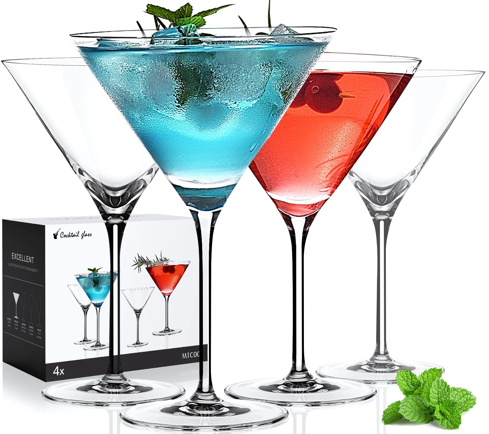 LUNA & MANTHA Martini Glasses | Set of 4 | 10oz | Hand-Blown Crystal Large Martini Glass Set | Elegant Cocktail Glasses for Bar,
