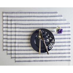 Solino Home Linen Placemats Set of 4 - Navy and White, 100% Pure Linen capri Ticking Stripe Placemats 14 x 19 InchA- Mac