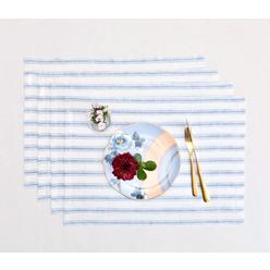 Solino Home Linen Placemats 14 x 19 Inch - 100% Pure Linen Sky Blue and White Placemats for Spring, Easter, Summer - cap