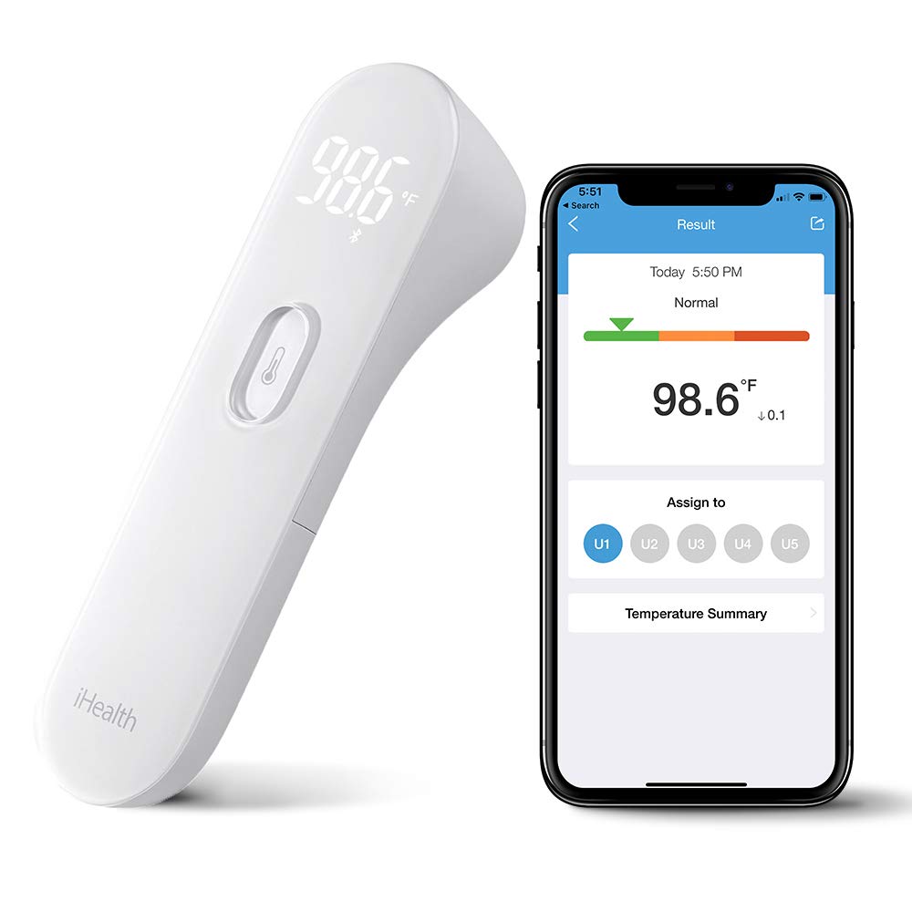 iHealth Wireless No-Touch Thermometer for Adults, Digital Infrared Fever Thermometer for Home, Thermometer for Babies & 