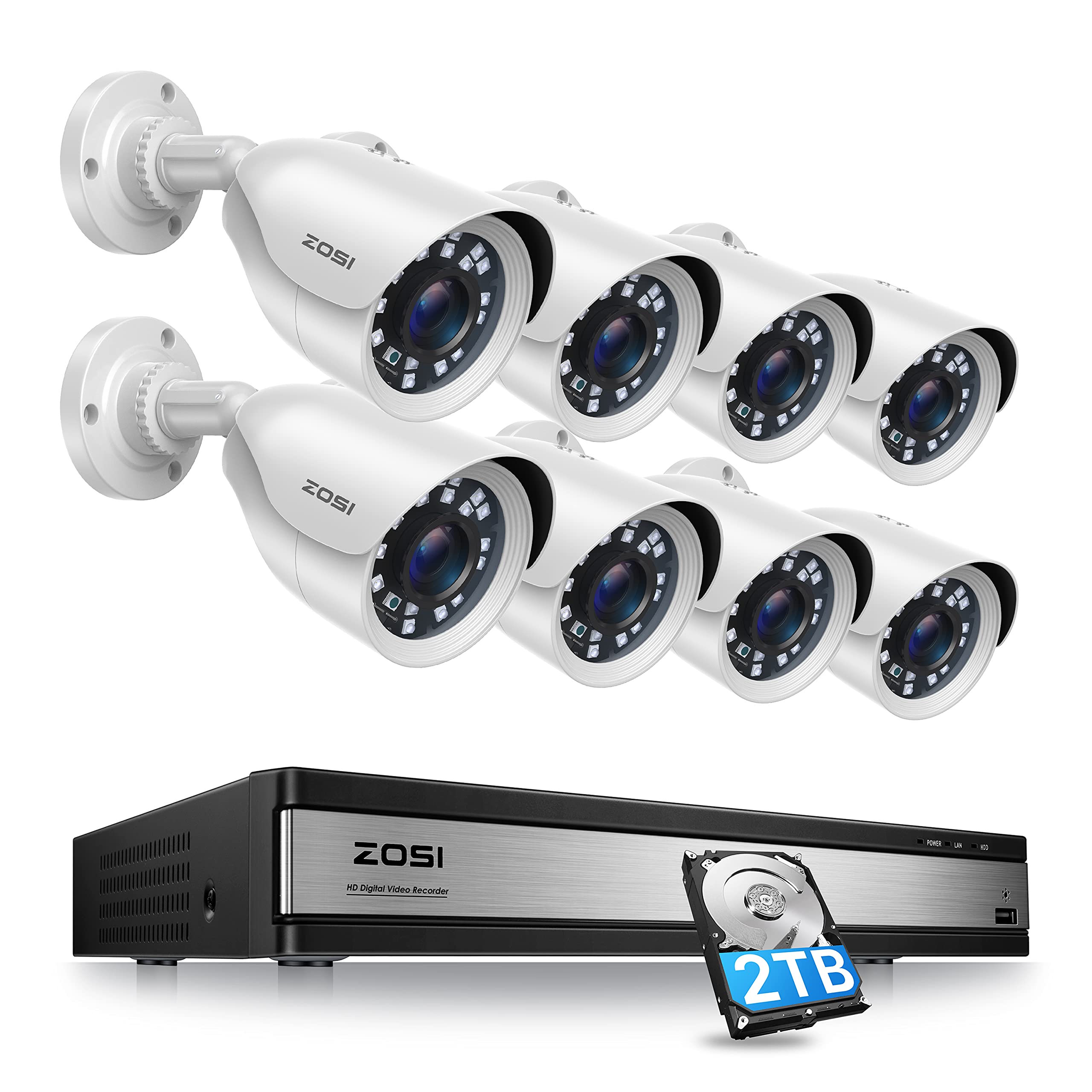 ZOSI H.265+ 1080p 16 channel Security camera System, 16 channel DVR with Hard Drive 2TB and 8 x 1080p Weatherproof Surve