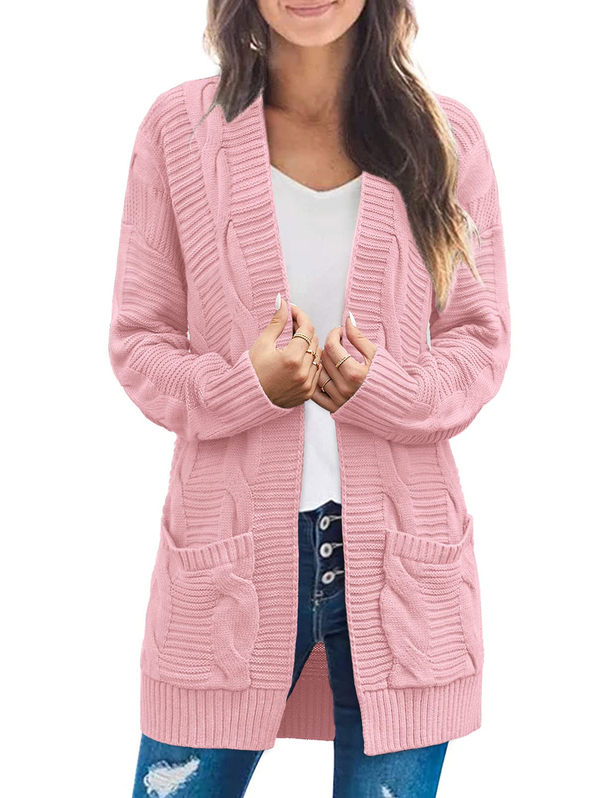 MEROKEETY Womens Long Sleeve cable Knit cardigan Sweaters Open Front Fall  Outwear coat Pink