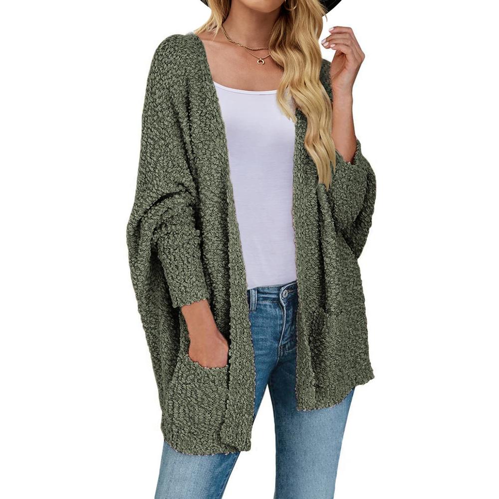 MEROKEETY Women's 2023 Winter Fuzzy Popcorn Batwing Sleeve Cardigan Knit Oversized Sherpa Sweater Coat Olive