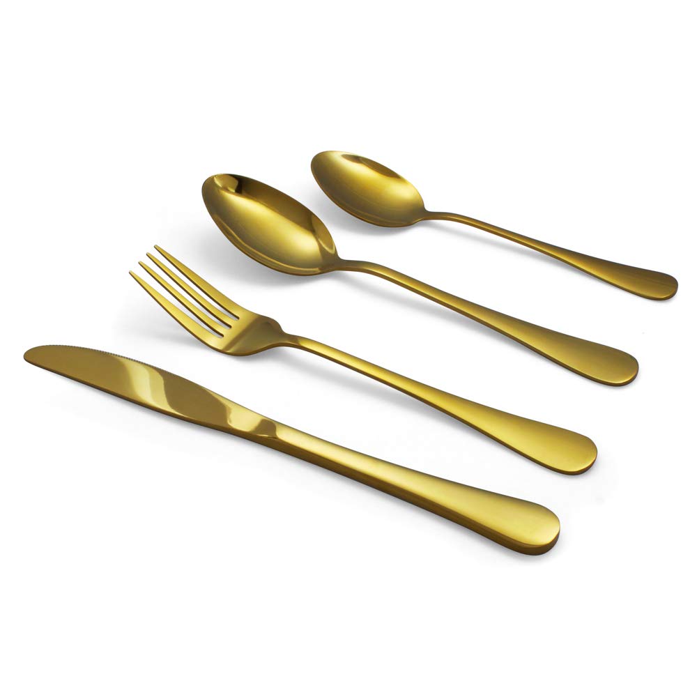 Elyon Tableware 16-piece gold Flatware, Stainless Steel Silverware Set, Reflective Mirror Finish cutlery Set, Reusable Dishwashe
