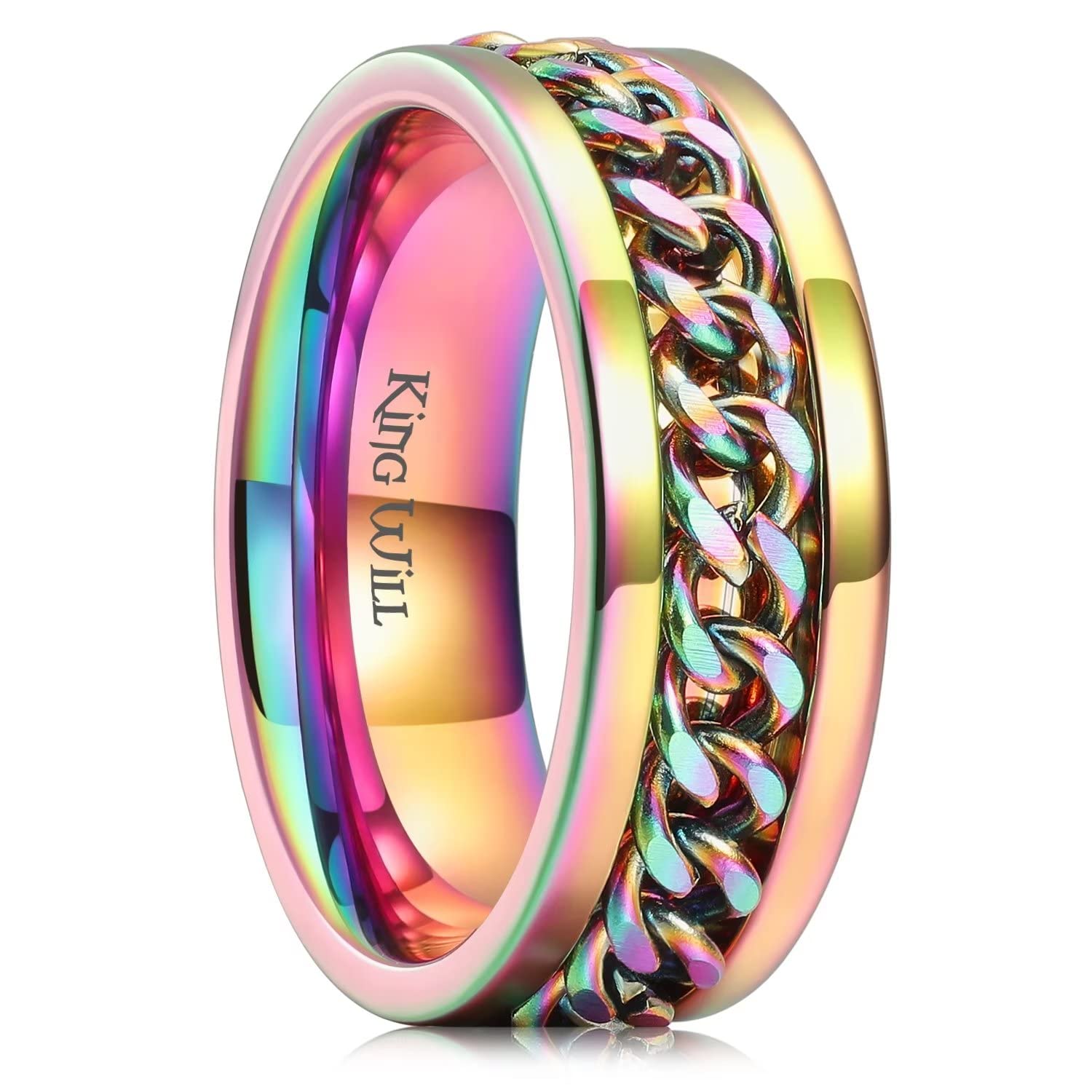 King Will Intertwine 8mm Spinner Ring Rainbow Stainless Steel Fidget Ring  Anxiety Ring for Men with curb chain Inlay 14