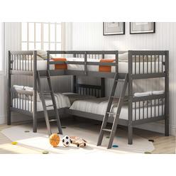Harper & Bright Desi L Shaped Bunk Bed for 4, Quad Bunk Bed Twin Size, Wooden Bunk Bed Frame for Kids Teens Adults - gray