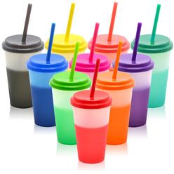 FIEKEICC Color Changing Cups with Lids and Straws,10Pcs 12oz Plastic Cups Reusable Tumbler with Lid and Straw,Clear Ice Cold Dri