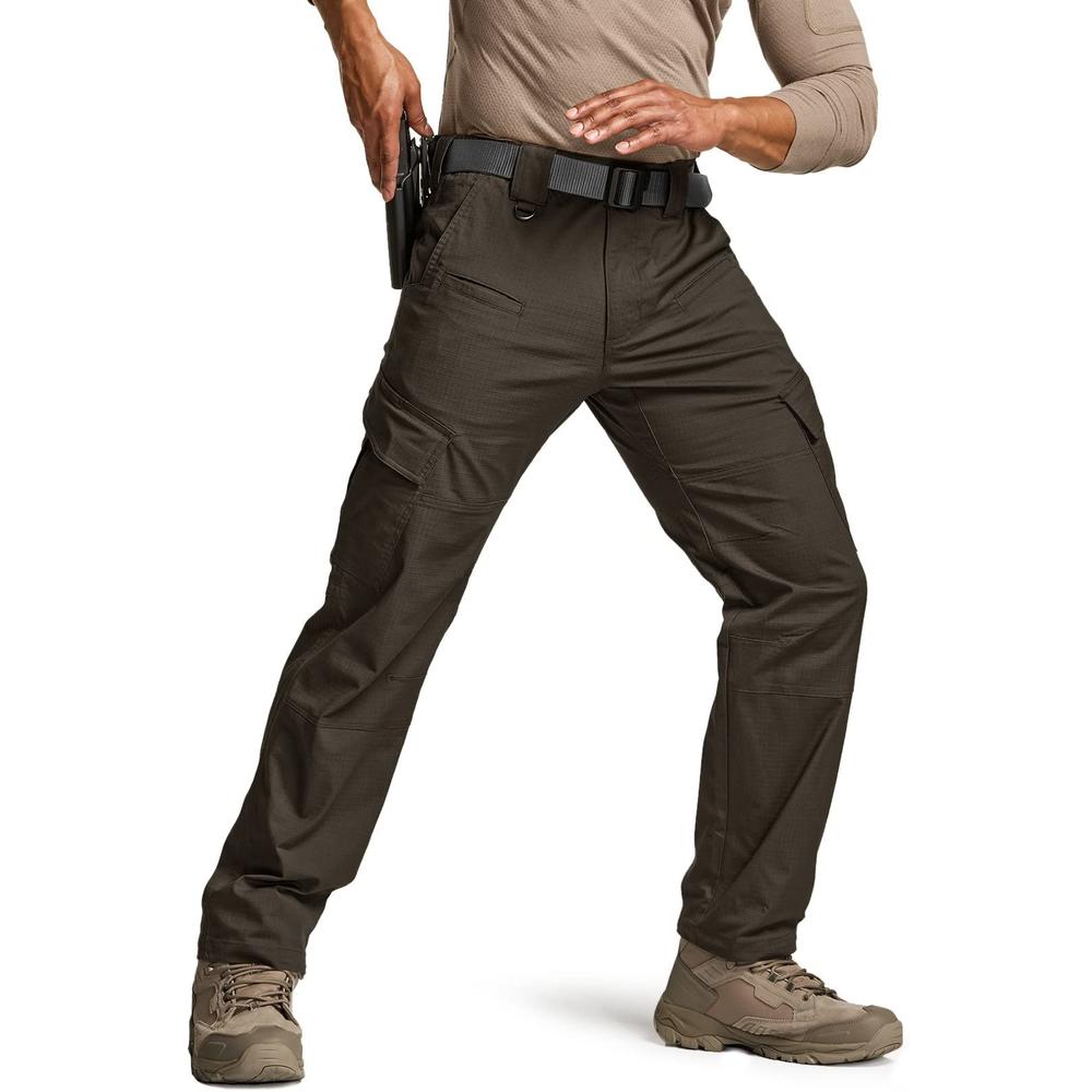 CQR Men's Flex Ripstop Tactical Pants, Water Resistant Stretch Cargo Pants, Lightweight EDC Hiking Work Pants, Dura Flex Dark Br