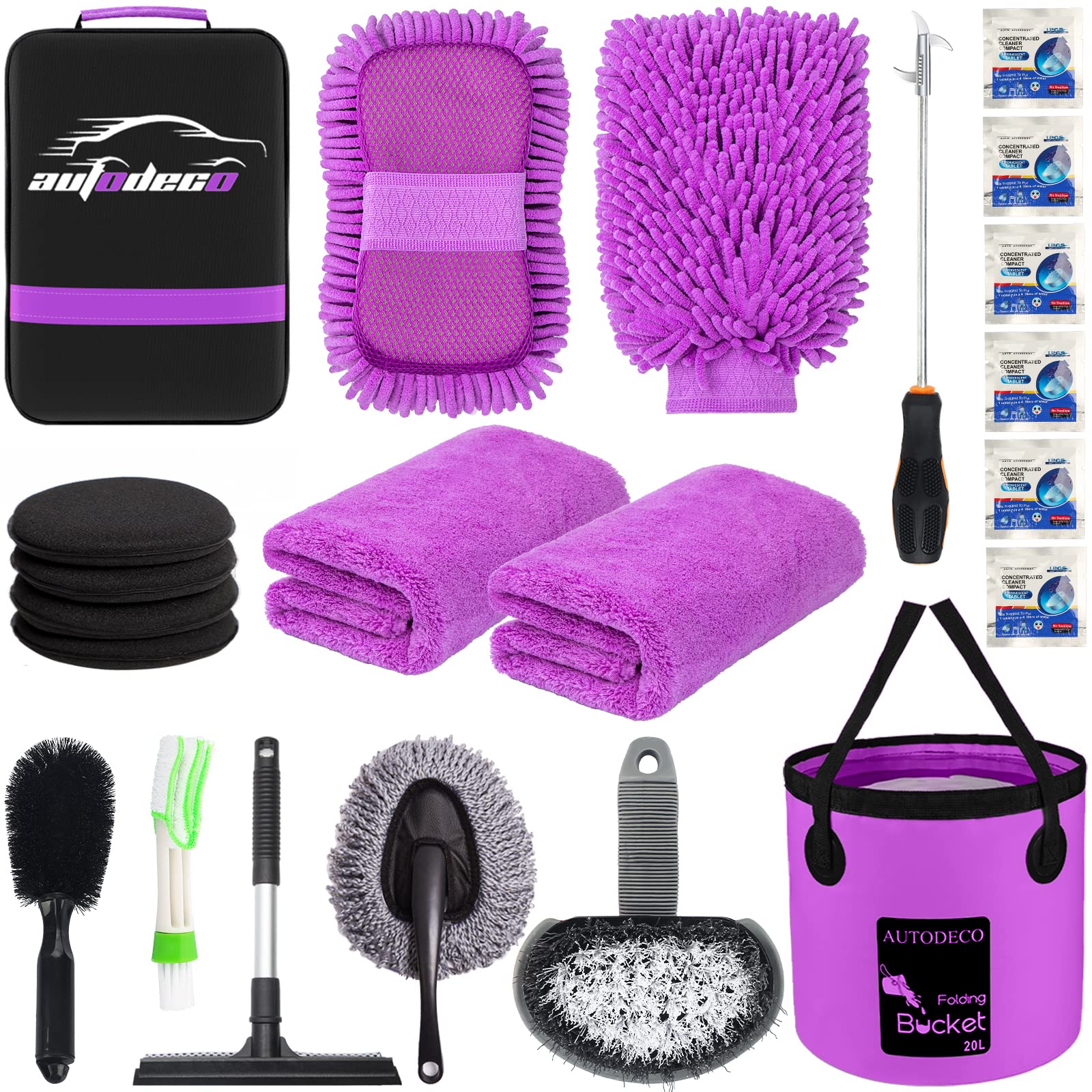 AUTODECO AUTODEcO 22Pcs car Wash cleaning Tools Kit car Detailing Set with  canvas Bag Purple collapsible Bucket Wash Mitt Sponge