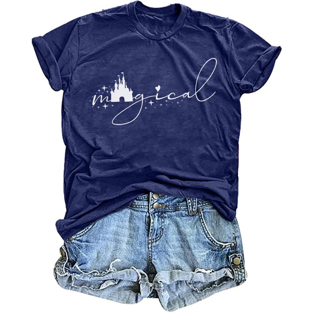UNIQUEONE Magical Shirt for Women Magic Kingdom Tshirt Family Vacation Tee Castle Graphic Short Sleeve Tops Blue