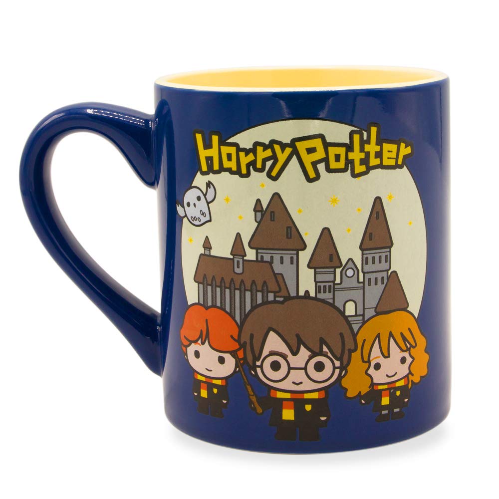 Silver Buffalo chibi Animated Harry Potter Trio Hogwarts castle ceramic Mug, 14 Ounces