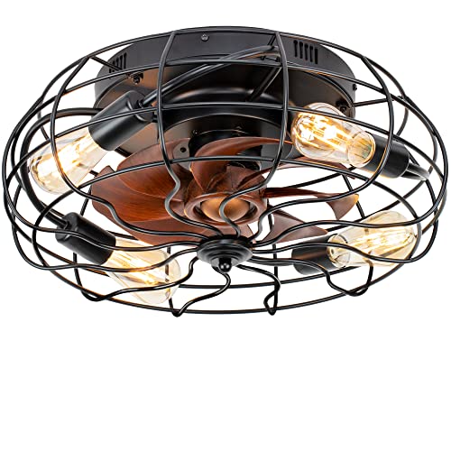 SUNVIE caged ceiling Fan with Light 20 Low Profile Flush Mount ceiling Fan with Lights Remote control Industrial Black B
